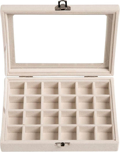 Frebeauty 24 Grid Jewelry Tray,Velvet Stud Earring Organizer,Small Jewelry Organizer with Clear Lid,Lockable Earring Holder Organizer Jewelry Boxes & Organizer Ring Holder for Women & Girls(Beige)