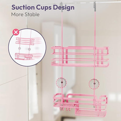 SWTYMIKI Shower Caddy Hanging Organizer - Over the Door Shower Caddy with Soap Holder, 11 Hooks, 2 Installation Ways, Stainless Steel Rustproof Bathroom Organizer, Pink