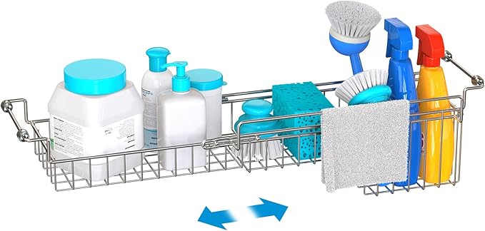 FavoThings Over The Kitchen Sink Caddy Sponge Holder Organizer Drying Rack Expandable for Sponge Brush Soap Dish Cloth Rag Smaller 14.5" to 22", Stainless Steel