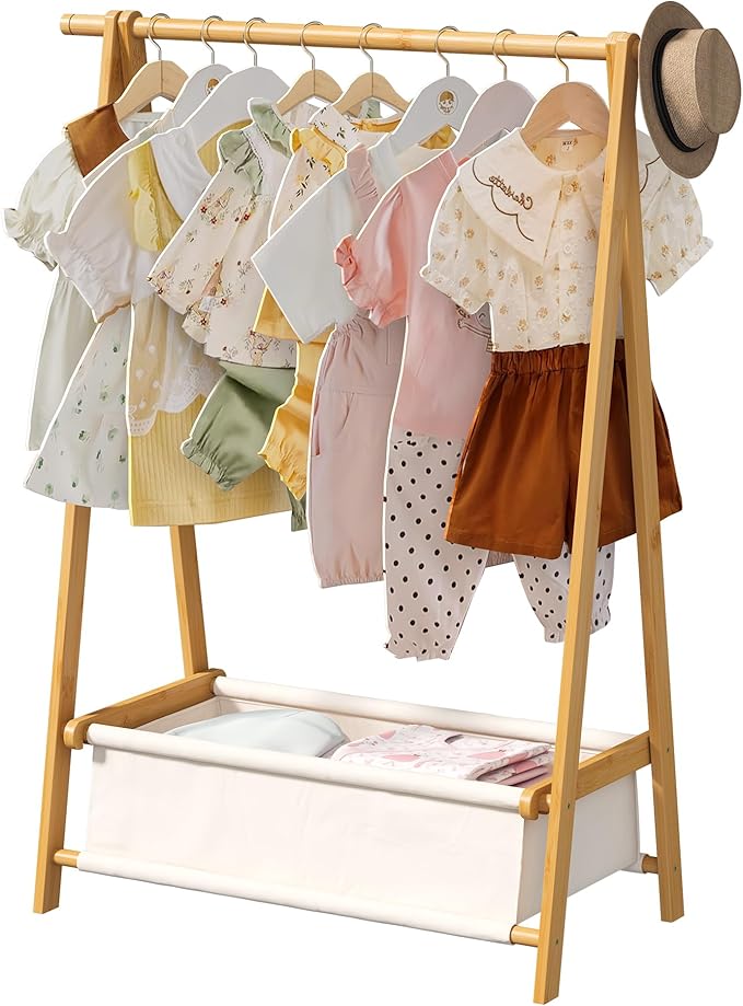 FILWH Bamboo Clothes Rack with Storage Box Foldable Garment Holder Coat Rack Freestanding Coat Stand Child Clothing Stand for Hanging Coat Dress up Racks (Natural, Small)