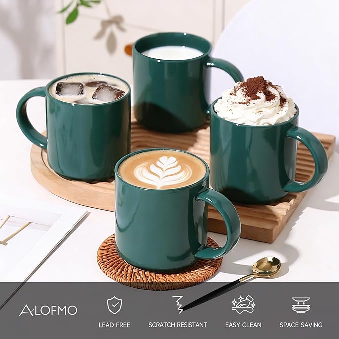 Coffee Mugs Set of 4, Stoneware Coffee Cups with Comfortable Handle, 16oz Ceramic Mugs for Kitchen & Office, Dishwasher & Microwave Safe - Green