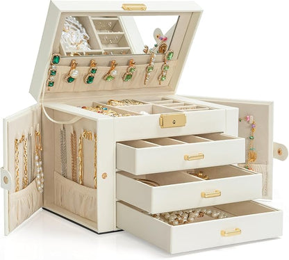AKOZLIN Large 4-Tier Jewelry Box Leather Jewelry Storage Organizer with 3 Drawers Lockable for Women Girls Ring Necklace Earring Bracelet Watches Holder with Mirror White