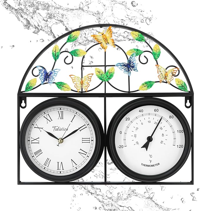 17Inch Large Outdoor Clock,Waterproof Wall Clock with Thermometer,Weatherproof Non-Ticking Quartz Battery Operated Decor Clock for Patio,Garden,Pool,Porch,House Warming Gifts