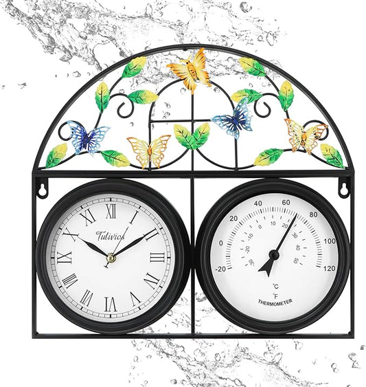 17Inch Large Outdoor Clock,Waterproof Wall Clock with Thermometer,Weatherproof Non-Ticking Quartz Battery Operated Decor Clock for Patio,Garden,Pool,Porch,House Warming Gifts