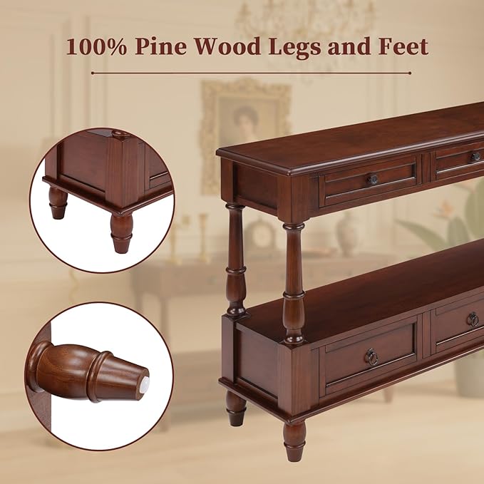 Vintage Solid Wood Console Table with 6 Drawers - 54" Hallway Sofa Table with Bottom Shelf for Entrance, Living Room & Foyer, Cherry