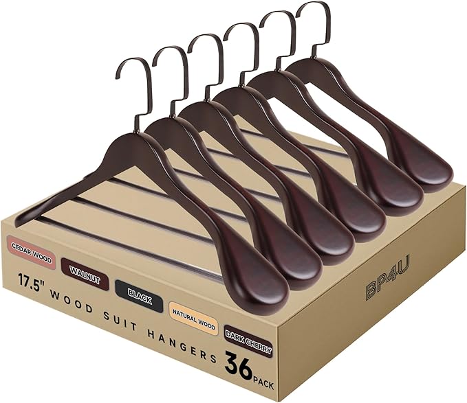 36-Pack Premium Wide Shoulder Wooden Suit Hangers, 17.5" Heavy-Duty Solid Wood Coat Hangers with Pant Bar for Men's Heavy Garments, Blazers, Jackets (Dark Cherry)