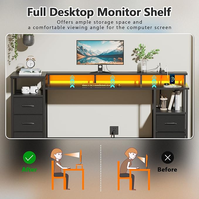 61 Inch Computer Gaming Desk with Power Outlets & LED Lights Reversible Home Office Desk with Adjustable 5 Fabric Storage Drawers for Working Writing Study, Black
