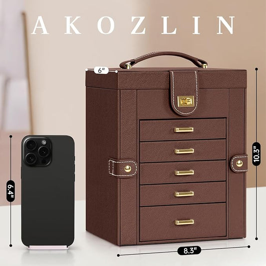 AKOZLIN 6-Tier Jewelry Box Organizer Functional 5 Drawers Leather Jewelry Storage Case for Women Girls Ring Necklace Earring Bracelet Holder Organizer with Mirror Brown Regular
