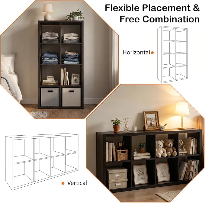 WannabeMyself【2026 Wooden Thick Frame】 8 Cube Storage Organizer with Anti-Tipping Kits, Reversible Open Back Book Shelf,Bookcase for Living Room,Bedroom,Entrance Hall,Office,11.6×48×24.6,Chocolate