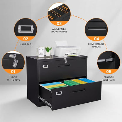 2 Drawer File Cabinets for Home Office, Metal Filing Cabinet with Lock, Black Locking File Caninet Two Drawer, Office Storage Caninets Steel Cabnet for Letter/Legal/A4/F4-Assembly Required