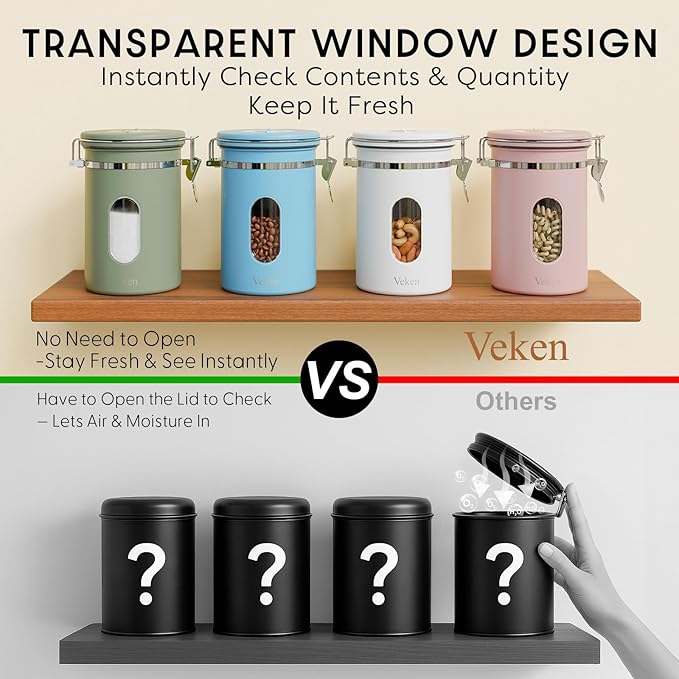 Veken Coffee Canister with Window, Airtight Stainless Steel Kitchen Food Storage Container with Lids, Date Tracker and Scoop for Ground, Beans, Tea, Flour, Cereal, Sugar Jars, 22OZ, Pink