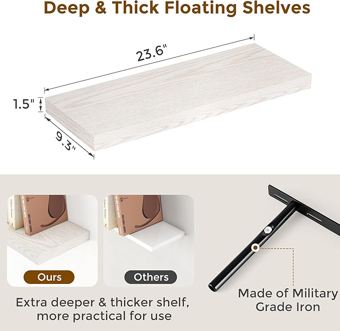 Fun Memories Floating Shelves 24 Inch Long, 9.3 Inch Deep Floating Shelf for Lving Room, Bedoom, Kitchen, Deep Wall Shelves for Bathroom, 2 Pack Storage Display Shelf for Books, Decors, Brich