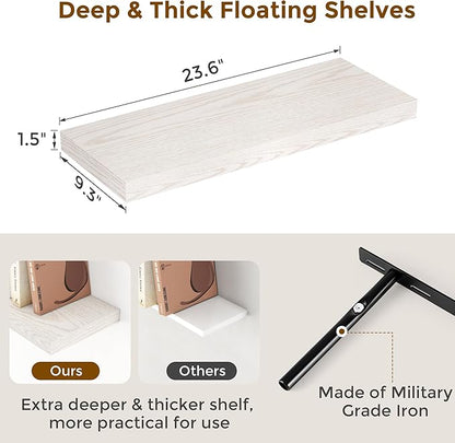 Fun Memories Floating Shelves 24 Inch Long, 9.3 Inch Deep Floating Shelf for Lving Room, Bedoom, Kitchen, Deep Wall Shelves for Bathroom, 2 Pack Storage Display Shelf for Books, Decors, Brich