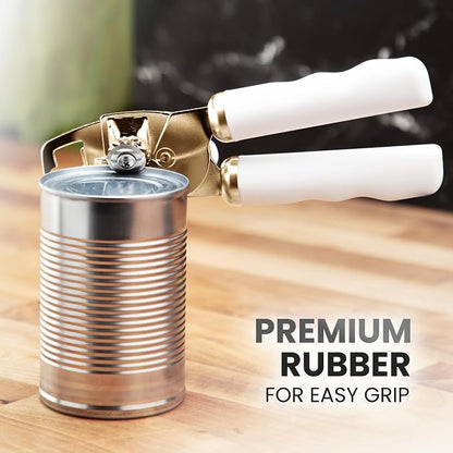 Zulay Kitchen Heavy Duty Stainless Steel Can Opener Manual with Bottle Opener - Rust Proof Manual Can Opener With Turn Knob & Comfy Soft Grip Handles - White & Gold