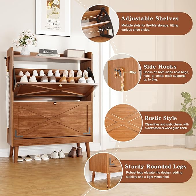 Shoe Storage Cabinet with 2 Flip Drawers & Adjustable Shelves,Narrow Shoe Cabinet Storage with Doors Side Hooks Wooden Shoe Rack Cabinet for Entryway,Hallway,Rustic Walnut