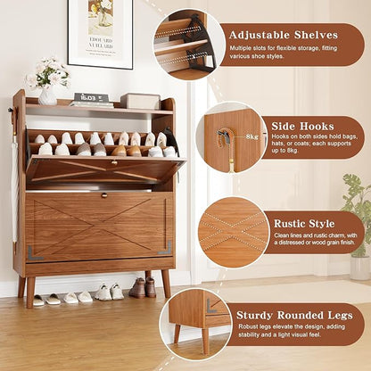 Shoe Storage Cabinet with 2 Flip Drawers & Adjustable Shelves,Narrow Shoe Cabinet Storage with Doors Side Hooks Wooden Shoe Rack Cabinet for Entryway,Hallway,Rustic Walnut