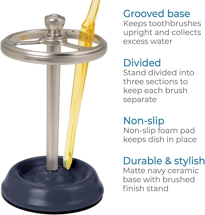 iDesign 3-Section Toothbrush Holder for Bathroom - Toothbrush Stand for Countertop, Navy/Brushed Nickel