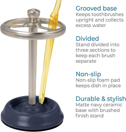 iDesign 3-Section Toothbrush Holder for Bathroom - Toothbrush Stand for Countertop, Navy/Brushed Nickel