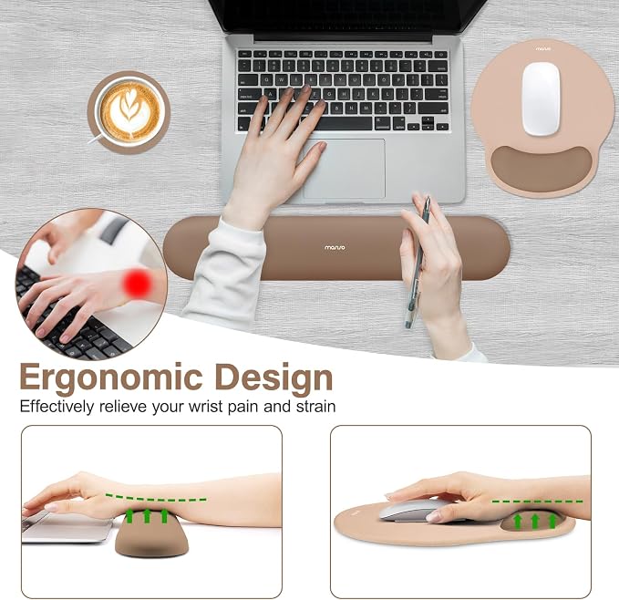 MOSISO Wrist Rest Support for Mouse Pad&Keyboard Set, Circle Curved Ergonomic Mousepad&Coaster Non-Slip Base Home/Office Pain Relief&Easy Typing Pad with Soft Cloth&Silicone Lining, Mocha