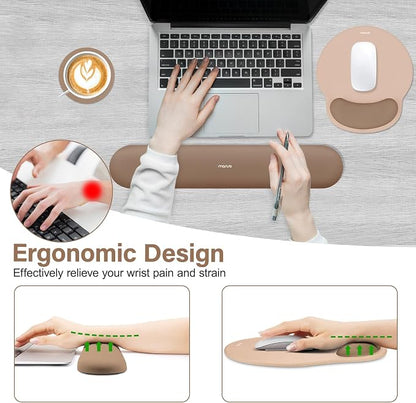 MOSISO Wrist Rest Support for Mouse Pad&Keyboard Set, Circle Curved Ergonomic Mousepad&Coaster Non-Slip Base Home/Office Pain Relief&Easy Typing Pad with Soft Cloth&Silicone Lining, Mocha