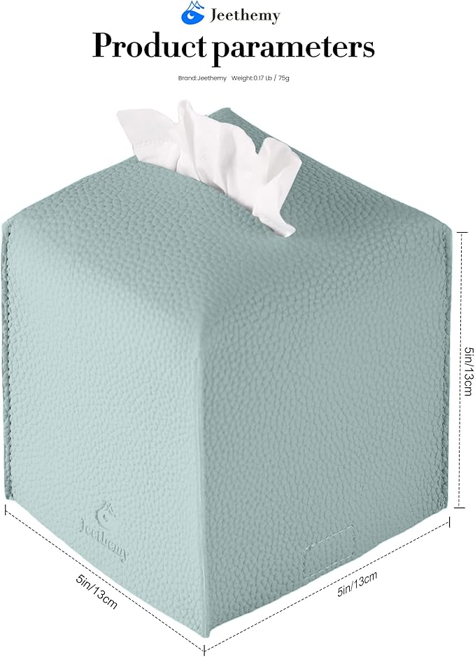 Tissue Box Cover, Jeethemy Square PU Leather Tissue Box Holder, Modern Tissue Case Facial Paper Organizer Dispenser，5X5X5'',Single Sky Blue