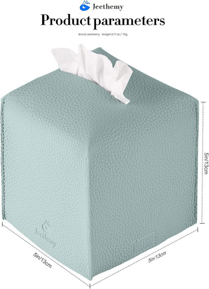 Tissue Box Cover, Jeethemy Square PU Leather Tissue Box Holder, Modern Tissue Case Facial Paper Organizer Dispenser，5X5X5'',Single Sky Blue