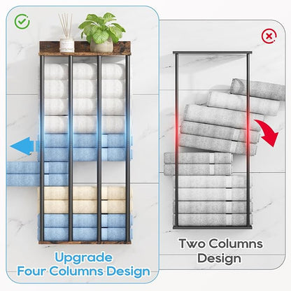 Towel Racks for Bathroom Wall Mounted, Updated 4 Bar Wall Towel Holder | Large Bathroom Towel Storage Rack for Rolled Towels, Vintage Metal Towel Organizer Shelf with Wooden Storage Shelf