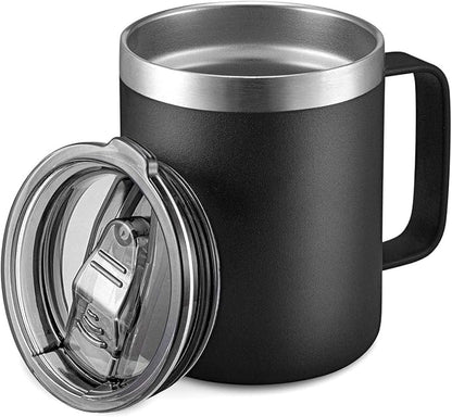 12oz Stainless Steel Insulated Coffee Mug with Handle, Double Wall Vacuum Travel Mug, Tumbler Cup with Sliding Lid, Black