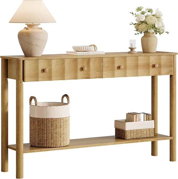 Tribesigns Console Table with 2 Drawers, 55-Inch Fluted Entryway Table, Modern Narrow Sofa Table with Open Shelf, Accent Console Furniture for Living Room, Hallway, Foyer, Light Oak
