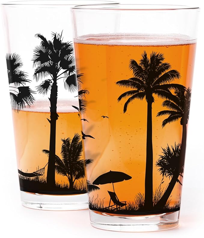 Pint Glasses by Black Lantern - Tropical Beach Landscape Pint Glass Set of 2-11oz. Drinking Glasses