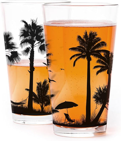 Pint Glasses by Black Lantern - Tropical Beach Landscape Pint Glass Set of 2-11oz. Drinking Glasses