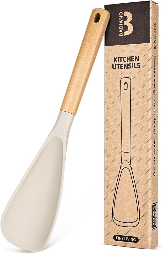 Cooking Spoon for Nonstick Cookwares, Great for Cooking and Serving Sturdy BPA-Free Matte Silicone, Wood Handle Spoon for Mixing, Scoop, and Scrape (KHAKI, 13.4 inch)