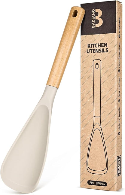 Cooking Spoon for Nonstick Cookwares, Great for Cooking and Serving Sturdy BPA-Free Matte Silicone, Wood Handle Spoon for Mixing, Scoop, and Scrape (KHAKI, 13.4 inch)