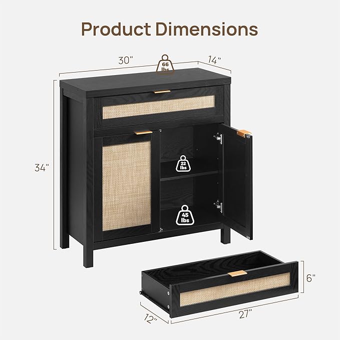 SICOTAS Sideboard Buffet Storage Cabinet Set of 3, Rattan Credenza Buffet Table, Modern Console Accent Cabinet with Doors and Drawer, Coffee Bar for Kitchen Entryway Living Room, Black