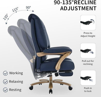 Big and Tall Executive Office Chair with Footrest, 400LBS Capacity Ergonomic High-Back Desk Office Chair with Lumbar Support, Padded Armrests & Thick Cushion, Blue PU Leather Chairs