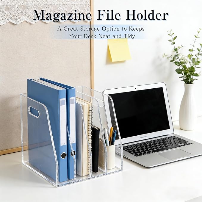 4-Tier Clear Acrylic File Holder, Vertical Document Organizer for Magazines, Binders, Notebooks & Envelopes - Multi-Purpose Desk Storage for Home Office（B5,4 Sections）