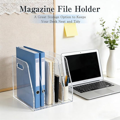 4-Tier Clear Acrylic File Holder, Vertical Document Organizer for Magazines, Binders, Notebooks & Envelopes - Multi-Purpose Desk Storage for Home Office（B5,4 Sections）
