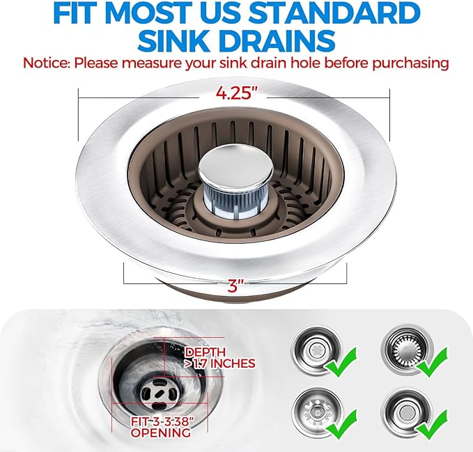 Upgraded 3in1 Kitchen Sink Drain Strainer & Sink Stopper, Stainless Steel Kitchen Drain Plug & Cover with Anti-Clogging Basket Strainer, Fit US Standard 3-1/2'' Sink Drain Hole, Brown
