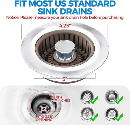Upgraded 3in1 Kitchen Sink Drain Strainer & Sink Stopper, Stainless Steel Kitchen Drain Plug & Cover with Anti-Clogging Basket Strainer, Fit US Standard 3-1/2'' Sink Drain Hole, Brown