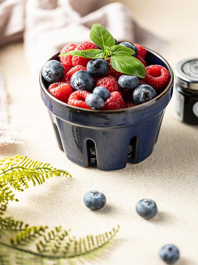 Gomakren Ceramic Fruit Basket Set of 2, Round Fruit Bowl with Holes, Fruit Storage Containers for Fridge, Small Berry Basket for Kitchen, Berries, Strawberry, Grape, Cherry - Cobalt Blue