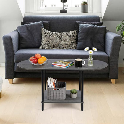 Small Coffee Table,35.4'' Oval Coffee Table with Storage Shelf & Metal Frame,Low Cocktail Tea Accent Table for Apartment,Modern Mid Century Small Living Room Table,Dark Gray