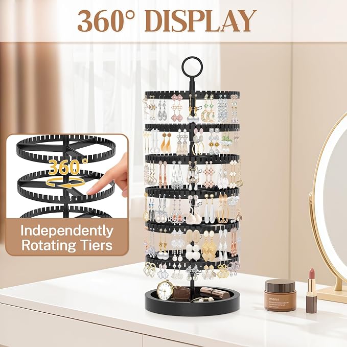 iDavosic.ly 6 Tier Rotating Earring Holder Organizer with Wooden Tray, Large Dangle Display Stands Tree with 342 Plastic Grooves, Adjustable Hoop Storage Rack, Space Saving Tower, Black