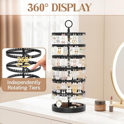 iDavosic.ly 6 Tier Rotating Earring Holder Organizer with Wooden Tray, Large Dangle Display Stands Tree with 342 Plastic Grooves, Adjustable Hoop Storage Rack, Space Saving Tower, Black