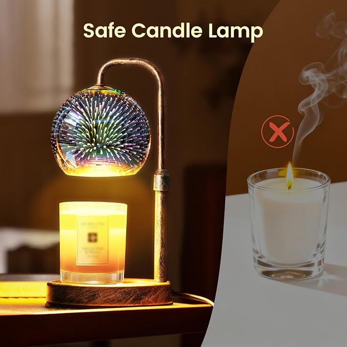 Glocusent Candle Warmer Lamp with Timer, 3D Glass Globe, Retro wood-grain metal base, Dimmable Height Adjustable Candle Warmer for Jar Candles, Home Decor & Gifts for Women, Firework patterns, 2 Bulbs