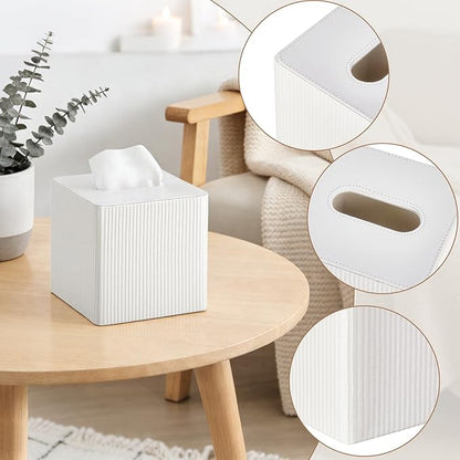 Mkono Tissue Box Cover PU Leather Square Tissue Box Holder with Bottom, Decorative Facial Cube Organizer for Bedroom Bathroom Dresser Vanity Countertop Night Stands Home Office Desk (Ivory)