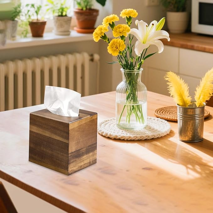 2 Pack Wooden Tissue Box Cover Square - Acacia Wood Tissue Box Holder for Tabletop Stands Bathroom Office- Decorative Facial Wood Tissue Box Cover for Modern Farmhouse Decor-Standard Walnut Color