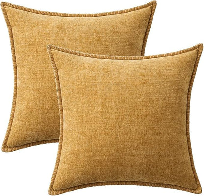 MIULEE Pack of 2 Summer Couch Throw Pillow Covers 20x20 Inch Gold Mustard Yellow Farmhouse Decorative Pillow Covers with Stitched Edge Soft Chenille Solid Dyed Pillow Covers for Sofa Bed Living Room