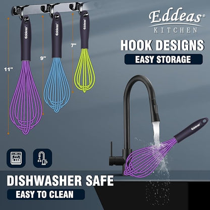 Eddeas Silicone Whisk, 500°F Heat Resistant Non Scratch Coated Whisks for Cooking Baking Balloon wisk, Kitchen Whisk Tool Set, for Stirring, Beating & Blending of 3 Size 7.5"+ 9" +11 inch