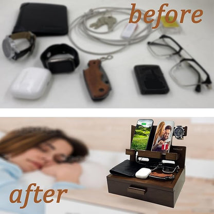 VEIYAILU Gifts for Men Women Him Husband Son Boyfriend Birthday Nightstand Organizer Wood Phone Docking Station Birthday Gifts (Deep Walnut)
