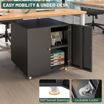 Large Printer Stand with Storage,3D Heavy-Duty Printer Table for Home Office with Wheels,2 Doors and Adjustable Shelves,23.62" H Black
